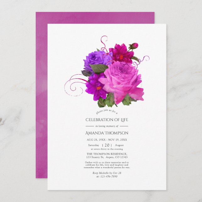 Fuchsia and Purple Shabby Celebration of Life Invitation (Front/Back)