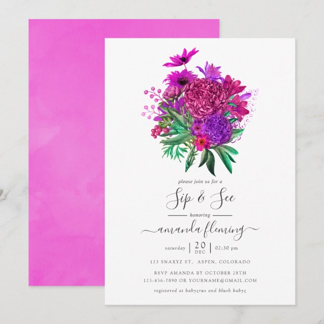 Fuchsia and Purple Shabby Floral Sip and See Invitation (Front/Back)