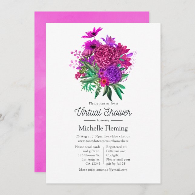 Fuchsia and Purple Shabby Floral Virtual Shower Invitation (Front/Back)