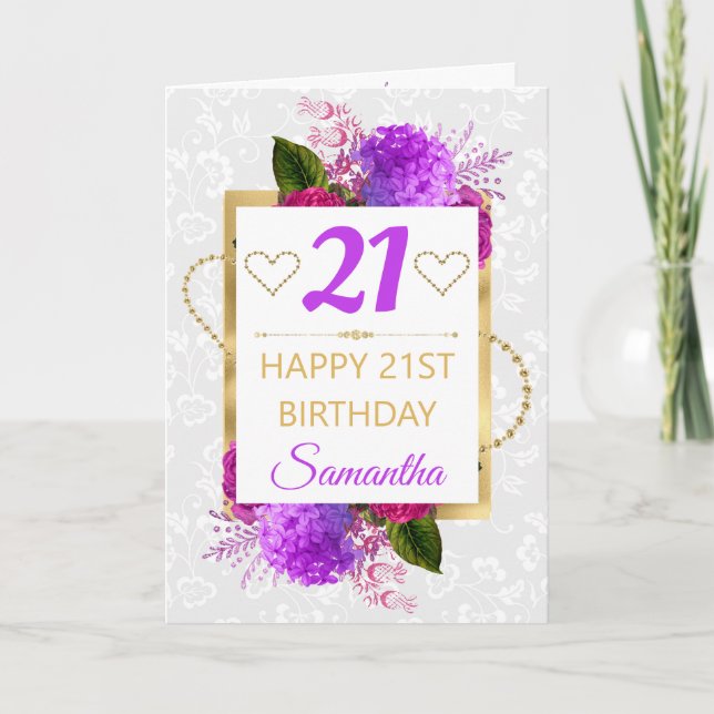 Fuchsia and Purple Shabby Flowers Birthday Card (Front)