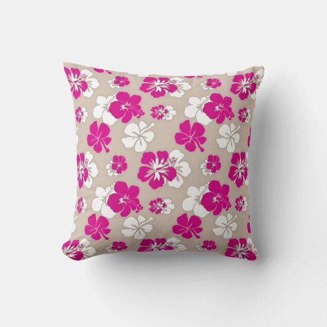 Fuchsia and Sand Hibiscus Cushion (Front)