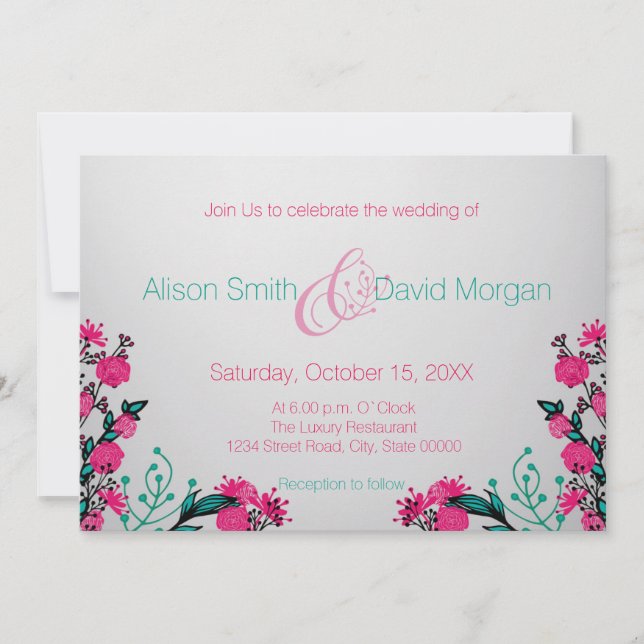 Fuchsia and Turquoise Wedding invitation (Front)