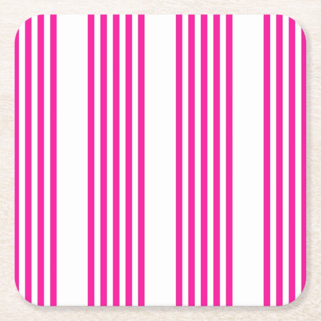 Fuchsia and white five stripes pattern square paper coaster (Front)