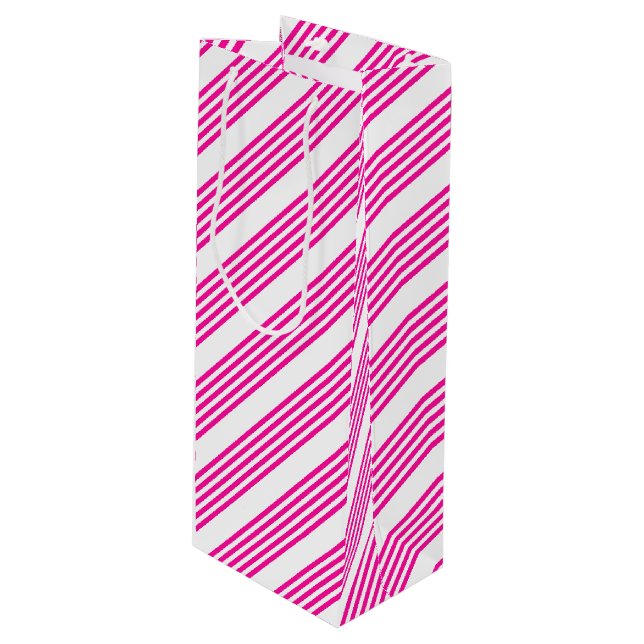 Fuchsia and white five stripes pattern wine gift bag (Front Angled)