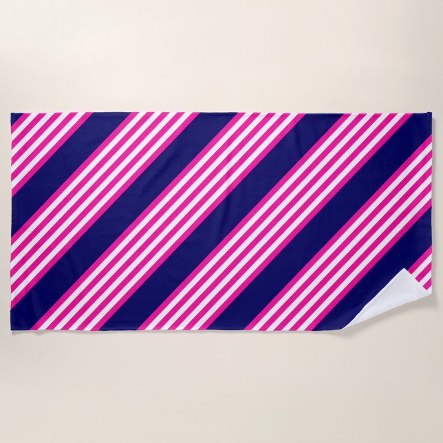 Fuchsia and white five stripes pattern with blue beach towel (Front)