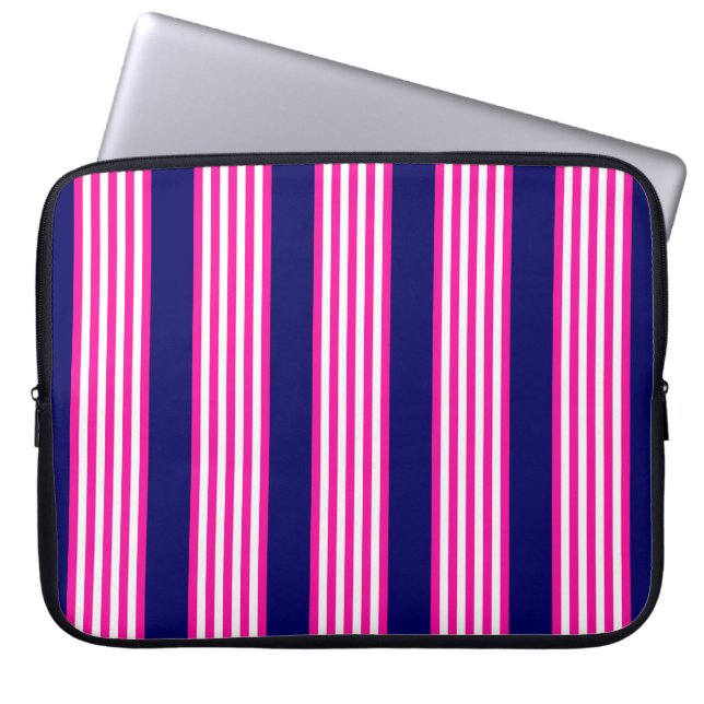 Fuchsia and white five stripes pattern with blue laptop sleeve (Front)