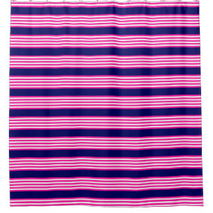 Fuchsia and white five stripes pattern with blue shower curtain