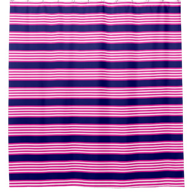 Fuchsia and white five stripes pattern with blue shower curtain (Front)