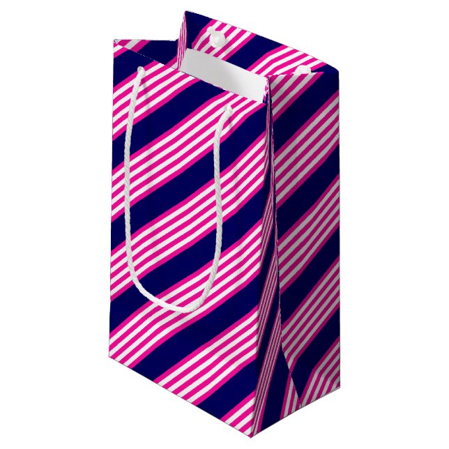 Fuchsia and white five stripes pattern with blue small gift bag (Front Angled)