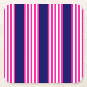 Fuchsia and white five stripes pattern with blue square paper coaster
