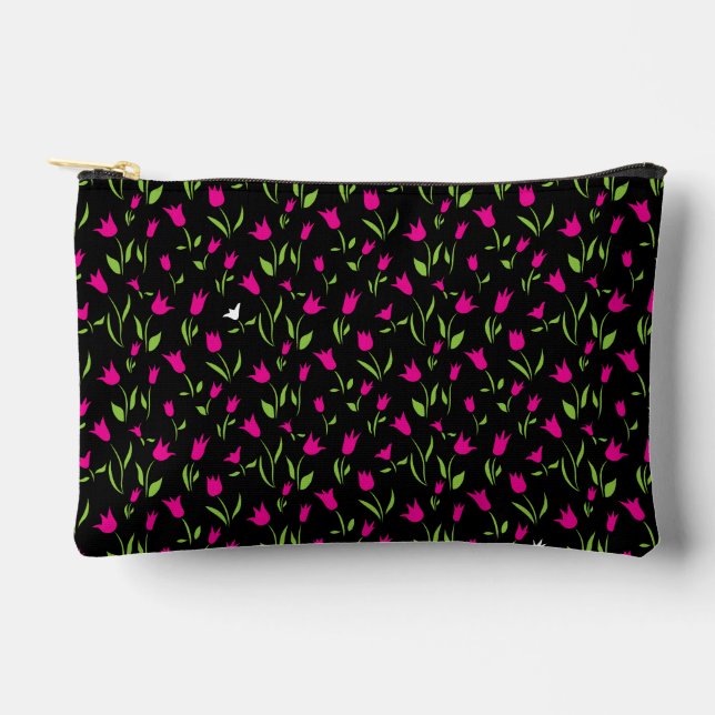 Fuchsia and White Tulips on Black Background Accessory Pouch (Front)
