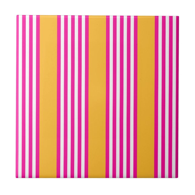 Fuchsia and yellow five stripes pattern ceramic tile (Front)