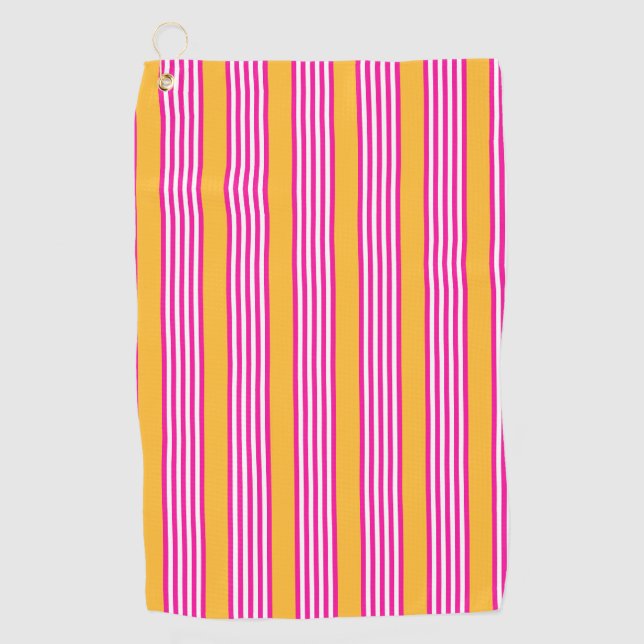 Fuchsia and yellow five stripes pattern golf towel (Front)