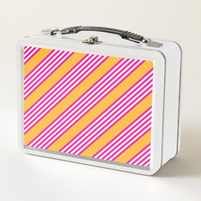 Fuchsia and yellow five stripes pattern metal lunch box (Front)
