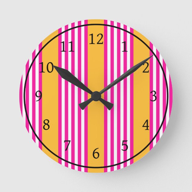 Fuchsia and yellow five stripes pattern round clock (Front)
