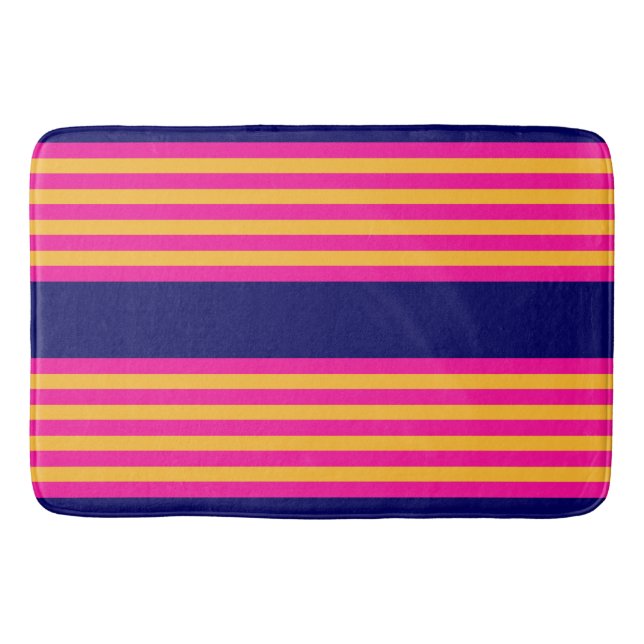 Fuchsia and yellow stripes with navy blue bath mat (Front)