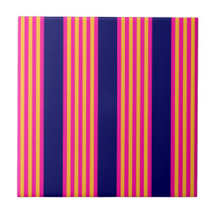 Fuchsia and yellow stripes with navy blue ceramic tile