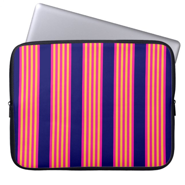 Fuchsia and yellow stripes with navy blue laptop sleeve (Front)