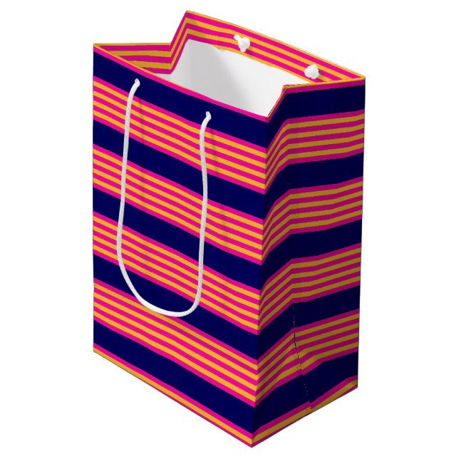 Fuchsia and yellow stripes with navy blue medium gift bag (Front Angled)