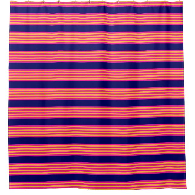 Fuchsia and yellow stripes with navy blue shower curtain (Front)