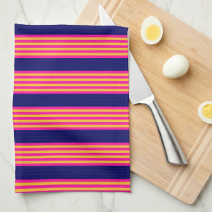 Fuchsia and yellow stripes with navy blue tea towel