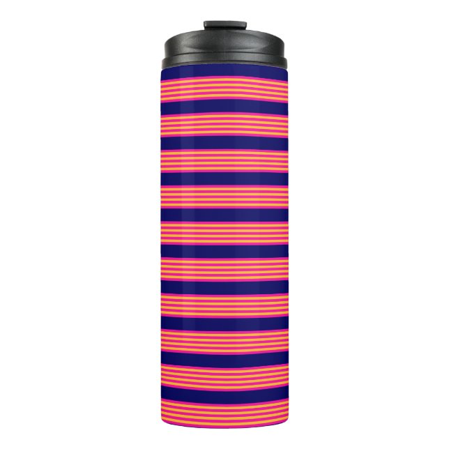Fuchsia and yellow stripes with navy blue thermal tumbler (Front)
