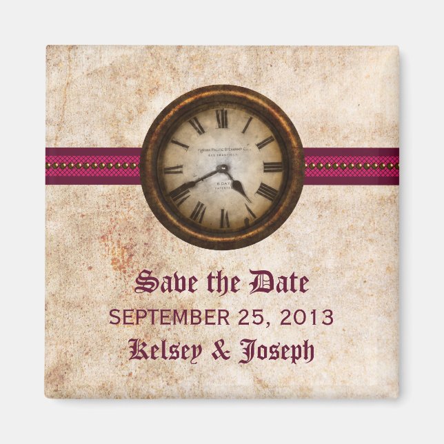 Fuchsia Antique Clock Save the Date Magnet (Front)
