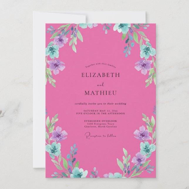 Fuchsia Aqua Wildflower Wedding Invitation (Front)