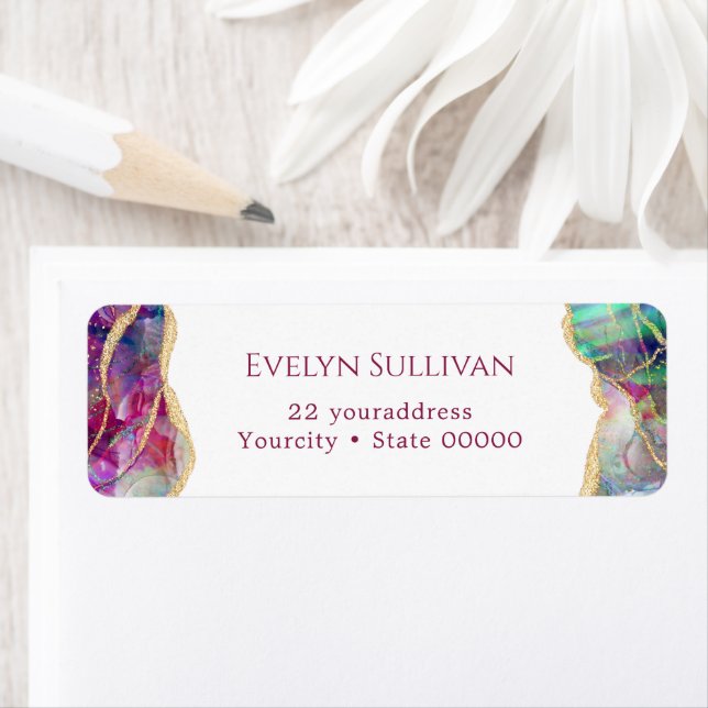 Fuchsia aquamarine opal return address label (Insitu)