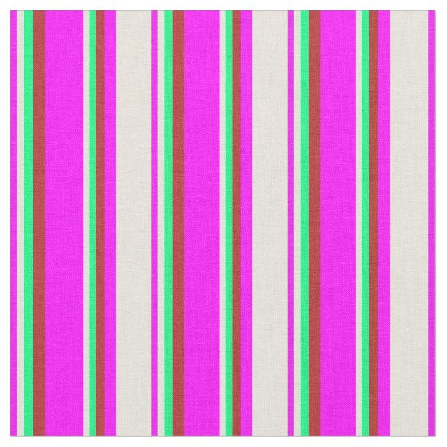Fuchsia, Beige, Green & Red Striped Pattern Fabric (Close Up)