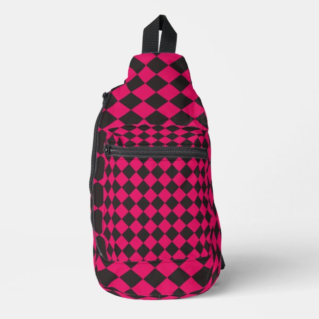 Fuchsia Black Chequered Diamond Pattern Sling Bag (Front)