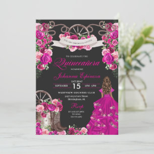 Fuchsia & Black Cowgirl Western Charro Quinceanera Invitation