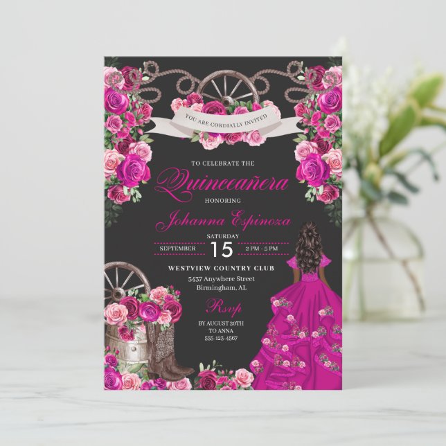 Fuchsia & Black Cowgirl Western Charro Quinceanera Invitation (Standing Front)