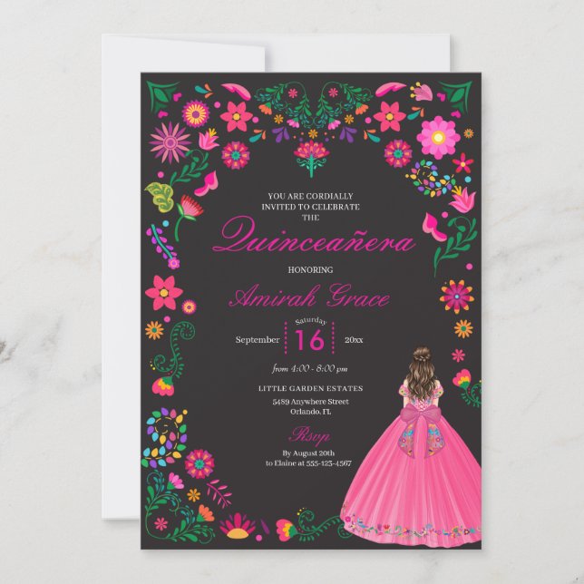 Fuchsia & Black Embroidery Quinceañera Invitation (Front)