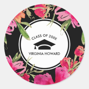 Fuchsia Black Floral Graduation Favour Stickers