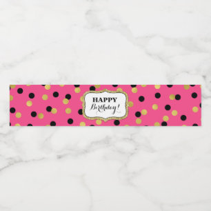 Fuchsia Black Gold Confetti Happy Birthday! Water Bottle Label