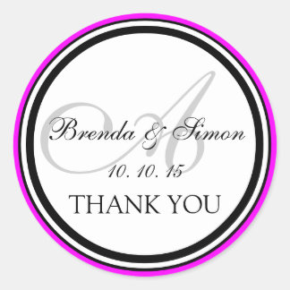 Fuchsia Black Monogram A Wedding Thank You Classic Round Sticker