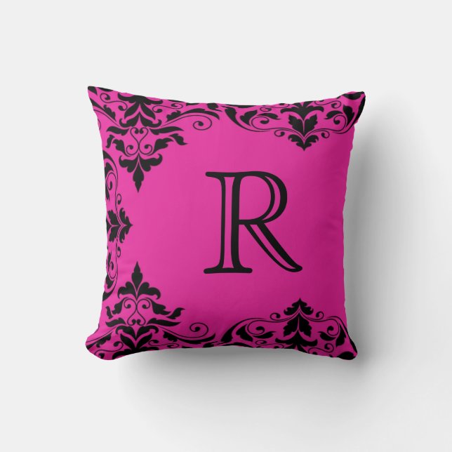 Fuchsia & Black Monogram Damask Pillow (Front)