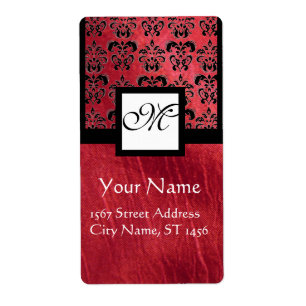 FUCHSIA BLACK RED SILK DAMASK, SQUARE MONOGRAM