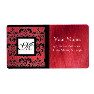 FUCHSIA BLACK RED SILK DAMASK, SQUARE MONOGRAM