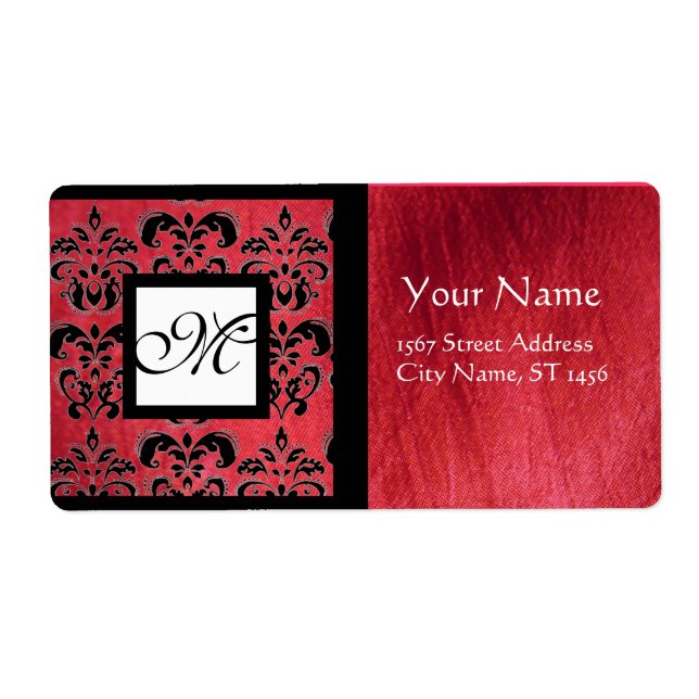 FUCHSIA BLACK RED SILK DAMASK, SQUARE MONOGRAM (Front)