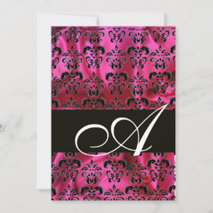 FUCHSIA  BLACK SILK CLOTH DAMASK MONOGRAM ,white Invitation
