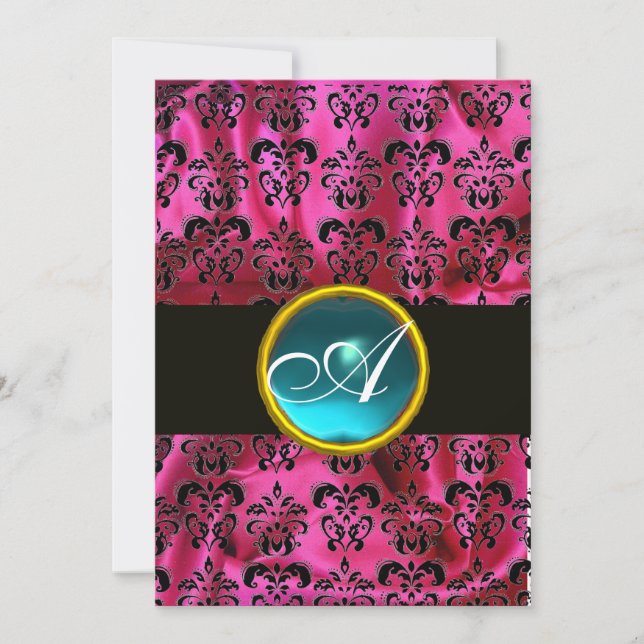 FUCHSIA  BLACK SILK DAMASK BLUE GEM MONOGRAM INVITATION (Front)