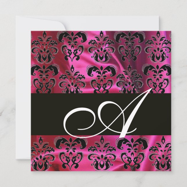 FUCHSIA  BLACK SILK DAMASK CLOTH MONOGRAM , white Invitation (Front)
