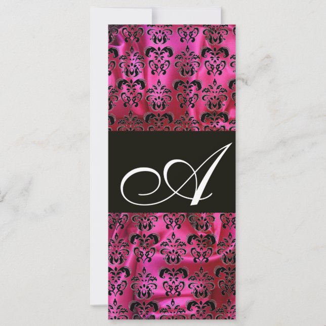 FUCHSIA  BLACK SILK DAMASK CLOTH MONOGRAM ,White Invitation (Front)