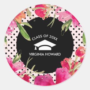 Fuchsia Black Watercolor Floral Graduation  Classic Round Sticker