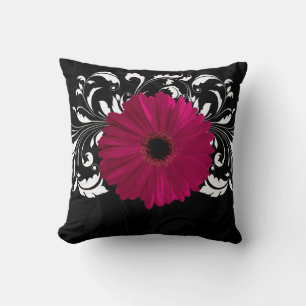 Fuchsia, Black/White Gerbera Daisy Cushion