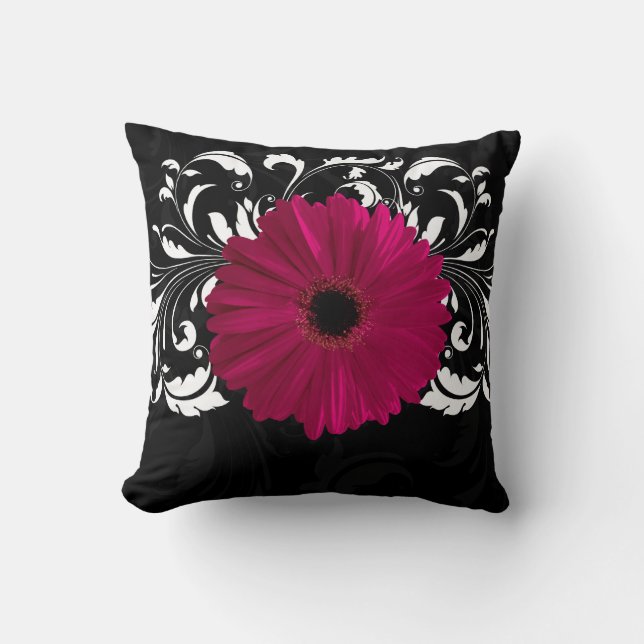 Fuchsia, Black/White Gerbera Daisy Cushion (Front)
