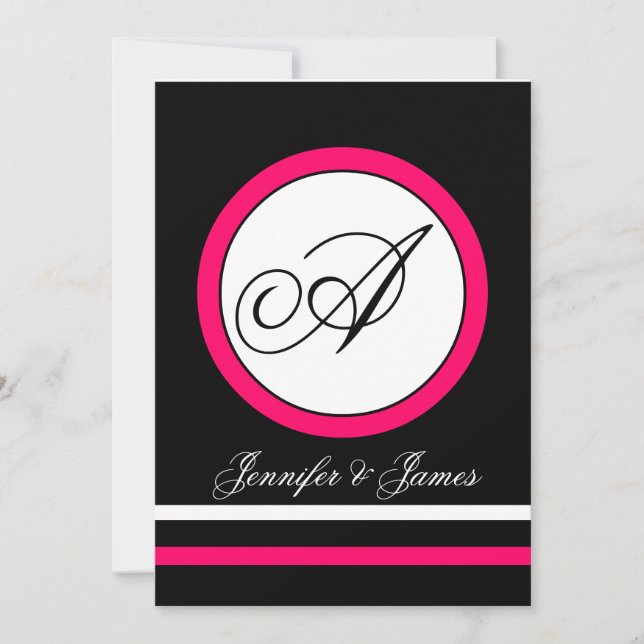 Fuchsia, Black & White Monogram Wedding Invitation (Front)