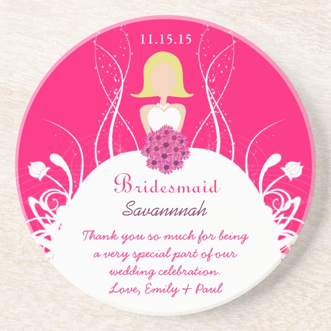 Fuchsia Blonde Bridesmaid Wedding Gown Coasters (Front)